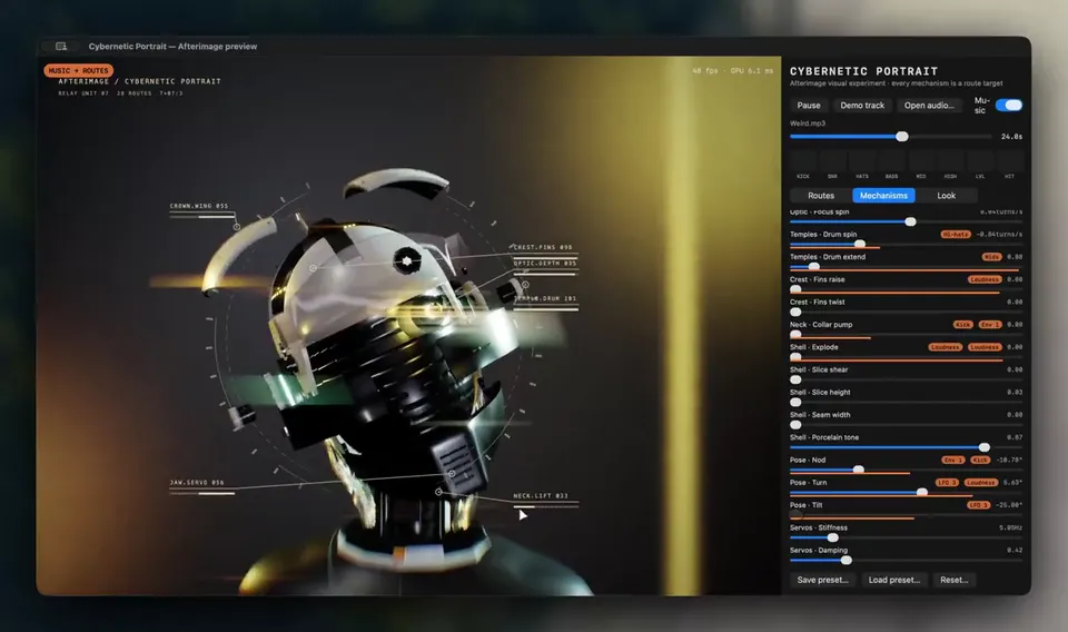 Robot-head music visualizer app with mechanism routes by kaolti