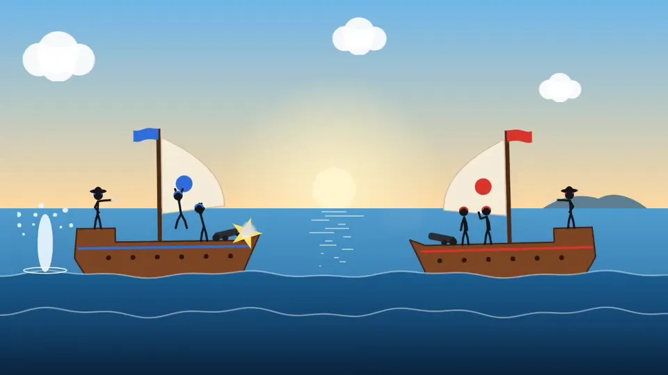 Stick-Figure Naval Battle: Face-Off → Exchange Fire → One Ship Sinks, Original video