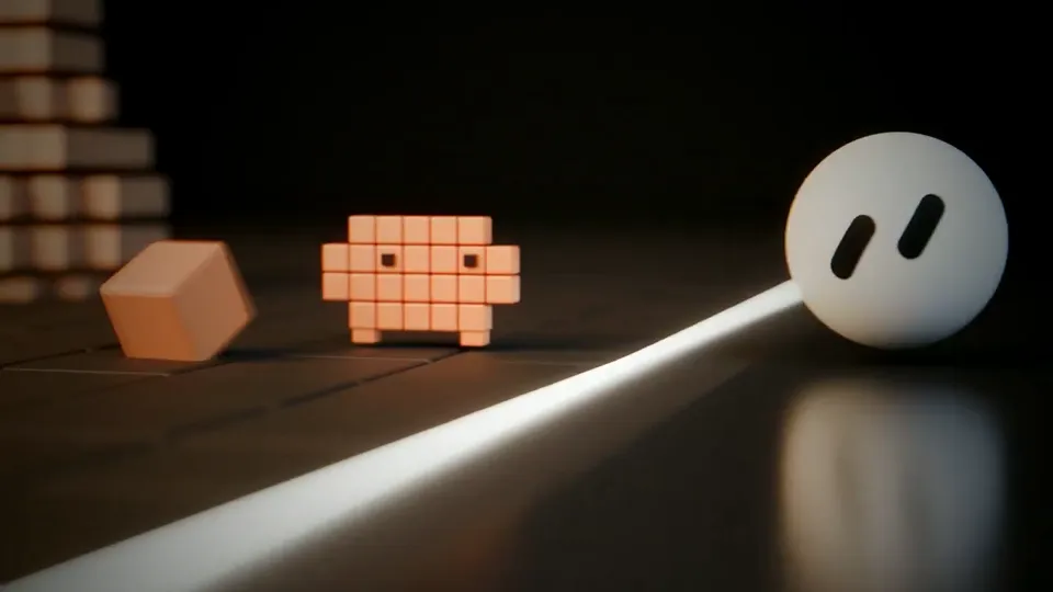 Glowing-seam tabletop still life (rolling mascot loop), Original video