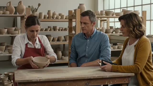 Adult Students Discuss a Bowl in Pottery Class