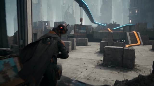 Armored Fighter Rides Energy Rails Through Ruins