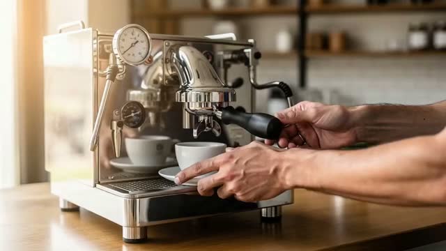 Barista Locks a Portafilter and Pulls Espresso