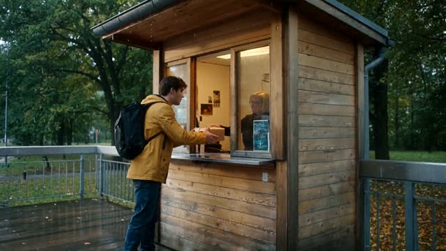 Bicycle Courier Delivers a Package on a Rainy Day