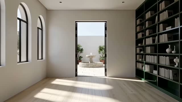 Camera Moves from Bookshelves into a White Courtyard