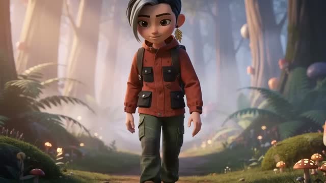 Cartoon Boy Explores Ferns and Luminous Mushrooms