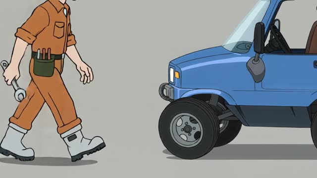 Cartoon Repair Worker Removes and Reinstalls a Tire