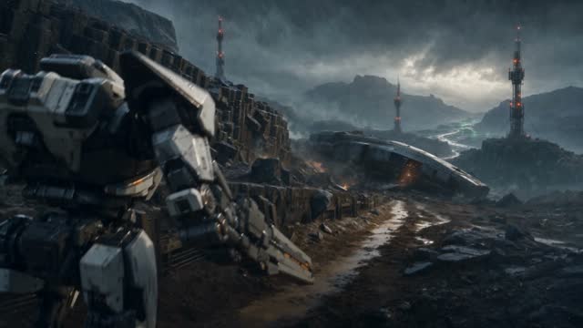 Giant Mech Rises Among Ruined Canyon Machines