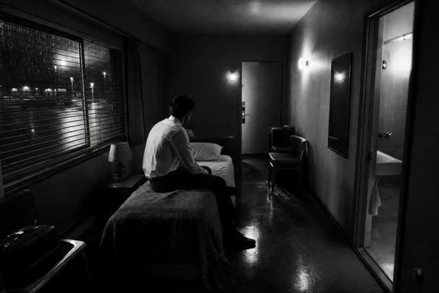 Man Investigates an Empty Motel in Black and White