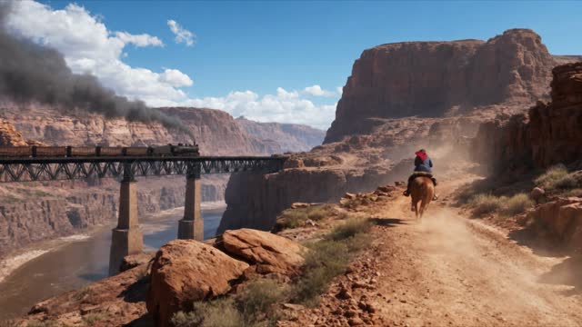 Western Rider Chases a Train Through a Canyon